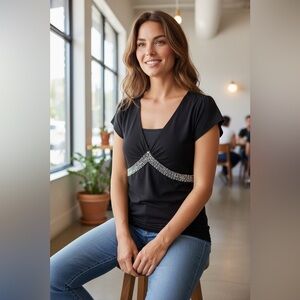 Style&co Women’s XL Black Embellished Short Flutter Sleeve Shirt Rayon Spandex